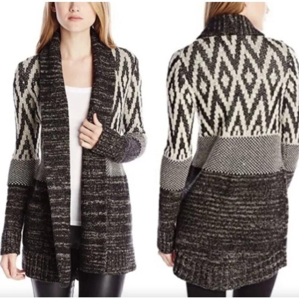 Lucky Brand Wool Blend Cardigan Small Shawl Collar Mixed Media Knit Open Front